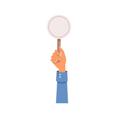 Personage hand holding blank jury sign, isolated arm of character with table with copy space. Voting and giving points, expressing thoughts. Vector in flat cartoon style