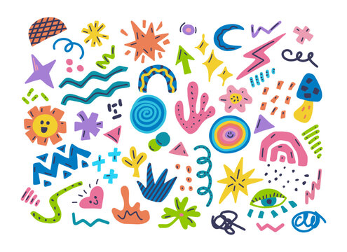 Set of colorful hand drawn doodles of different shapes, abstract elements for modern design, vector illustration on white background