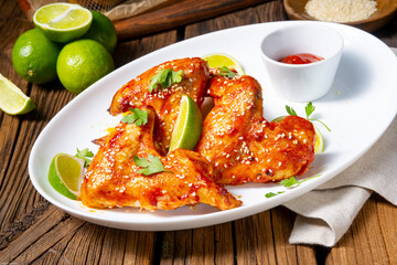 chicken wings with potato wedges and sezam.