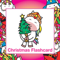 Fototapeta na wymiar Christmas Flashcards for Children. Cute Unicorn Christmas theme. Ready to print. Printable card. Educational card for preschool. Vector illustration. Kawaii Christmas greeting cards for kids