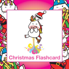Christmas Flashcards for Children. Cute Unicorn Christmas theme. Ready to print. Printable card. Educational card for preschool. Vector illustration. Kawaii Christmas greeting cards for kids