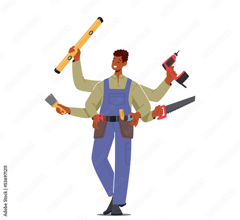 Poster handyman with many arms holding different instruments for fixing and maintenance broken technics. ma