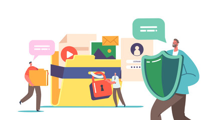 Tiny Characters at Huge Protected Folder with Files, Red Lock and Shield. Information and Documents Protection
