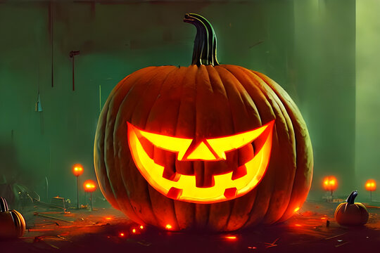 halloween pumpkin / jack-o-lantern with glowing neon light in a cyberpunk city at night - retrowave - neon noir - illustration - painting - concept art - science fiction - poster design