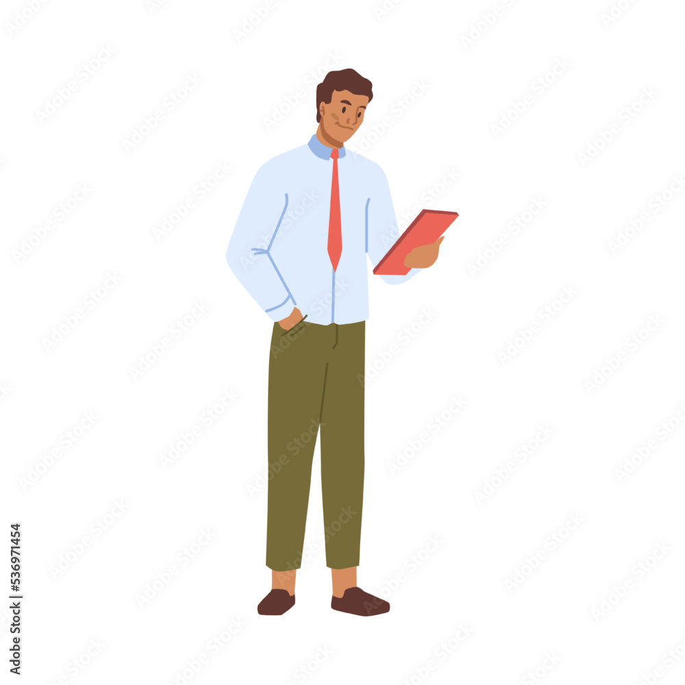 Fototapete Businessman looking in notebook checking information or controlling process. Isolated male character dealing with project. Director or boss. Vector in flat cartoon style