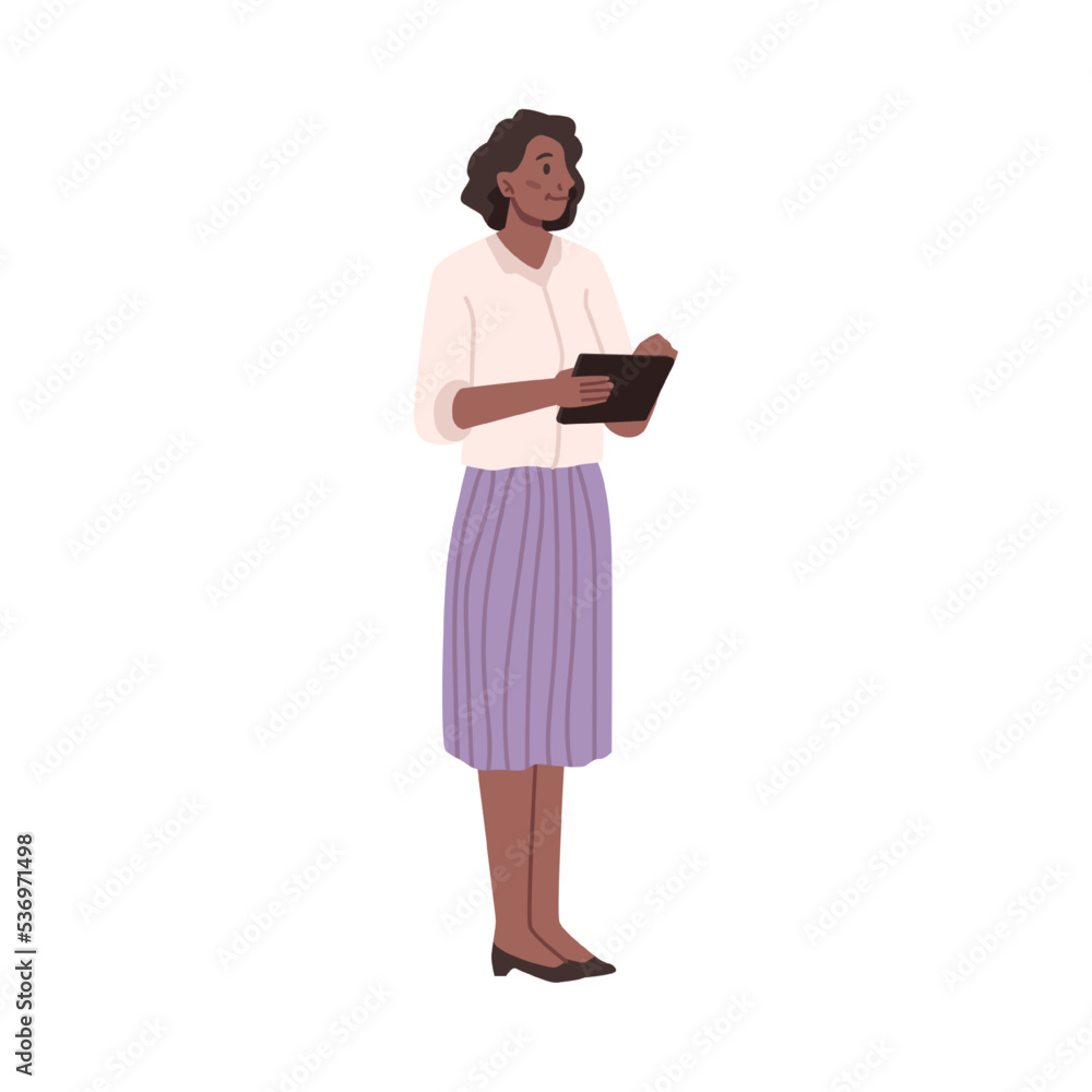 Poster Female character in charge, isolated manager or director, controller or specialist with notebook. Checking and controlling projects. Vector in flat cartoon style