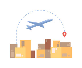 Air delivery, international logistics services and transportation of parcels, orders and goods. Freight and cargo shipping. Vector in flat cartoon style