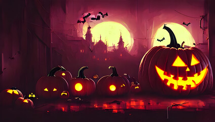evil halloween pumpkin / jack-o-lantern with glowing neon light in a cyberpunk city at night -  retrowave - neon noir - illustration - painting - concept art - rainy street - poster design