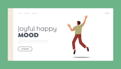 Joyful Happy Mood Landing Page Template. Happy Boy Jump with Raised Arms Back View, Male Character Positive Emotions