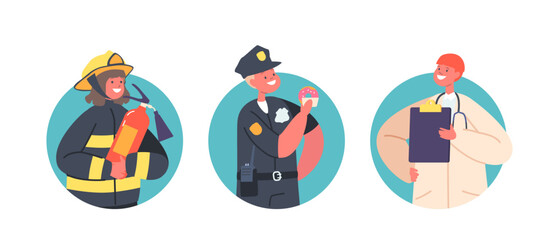 Kid Profession Policeman, Firefighter and Doctor Characters Isolated Round Icons or Avatars. Children Choose Occupation