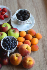Various healthy seasonal food arranged on wooden background. Selective focus.