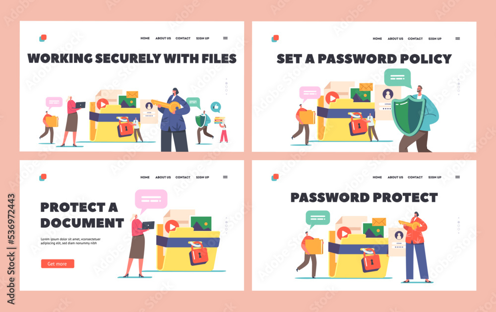 Poster data and document protection landing page template set. tiny characters with huge video, photo, fold