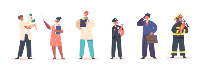 Kid Profession Policeman, Firefighter and Doctor with Scientist, Teacher and Businessman. Children Choose Career