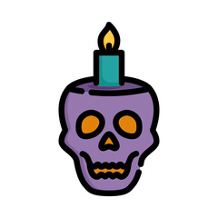 Burning candle with skull icon. Filled outline design. Old human skull with burning candle.