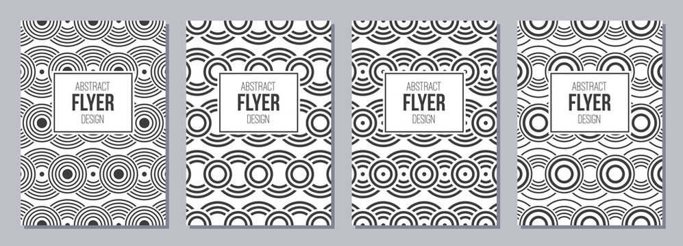 Set of flyers, posters, banners, placards, brochure design templates A6 size with overlapping circles ornaments. Graphic design for greeting, invitation cards. Vector black and white backgrounds.