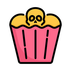Skull bakery icon. Filled outline design. Halloween party bakery. Cupcake with skull.