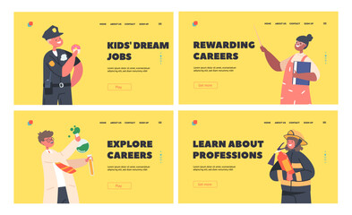 Kid Profession Landing Page Template Set. Policeman, Firefighter, Scientist and Teacher Characters, Children Occupation