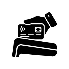 Wireless Connection Payment Terminal Glyph Pictogram. Hand Hold Credit Card Pay Bank Reader Terminal Icon. Cashless Money Transaction Electronic POS Silhouette Icon. Isolated Vector Illustration