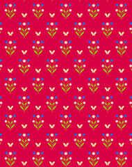 Cute delicate butterflies and bouquets of wild flowers on a red background Retro, vintage style