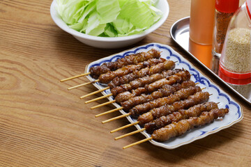 grilled chicken skin skewers ( Tori Kawa Yakitori ), Japanese food