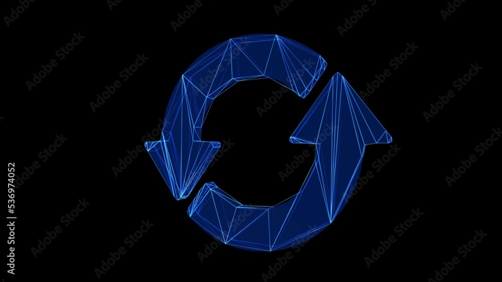 Poster reset icon blue low poly rotating on black background. concept of arrow, refresh, update icon, rotat
