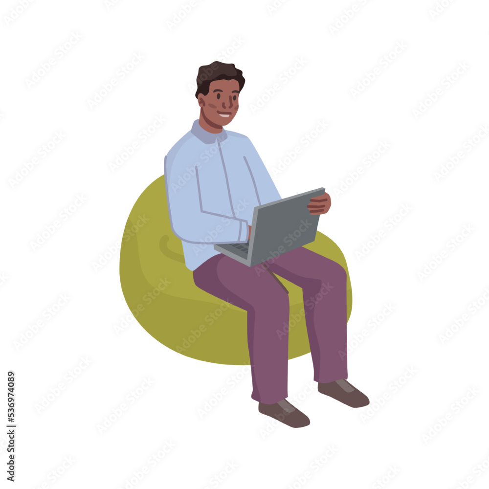 Poster Freelancer or office worker sitting by laptop typing and smiling. Computer programmer or business partner, manager or boss. Vector in flat cartoon style