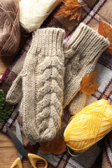 Concept of hobby, cozy hobby, knitting, top view