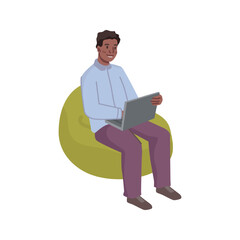 Fototapeta na wymiar Freelancer or office worker sitting by laptop typing and smiling. Computer programmer or business partner, manager or boss. Vector in flat cartoon style