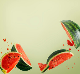 Flying watermelon slices with juice splash at light green background. Creative food levitation - obrazy, fototapety, plakaty