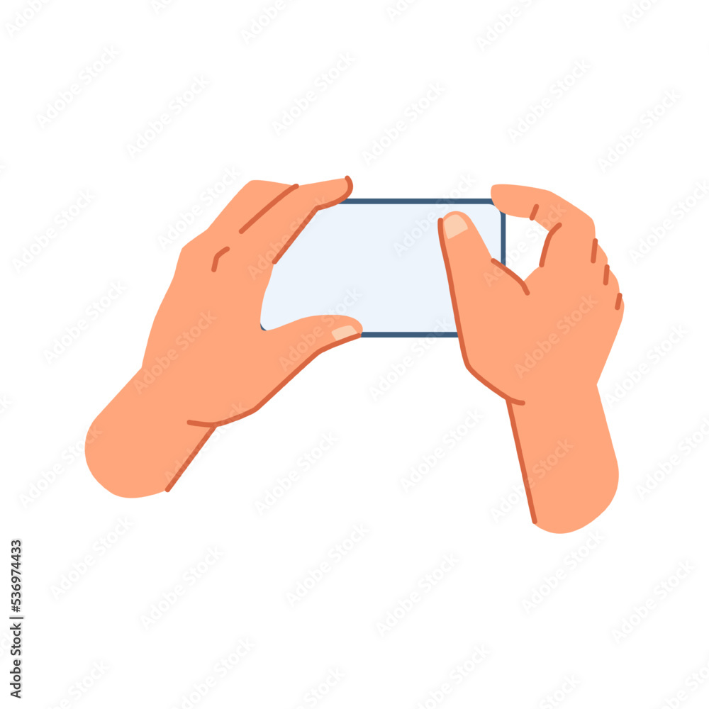 Poster Mobile telephone with empty screen, isolated hands holding and tapping on smartphone with copy space. Gadgets and electronic devices. Vector in flat cartoon style