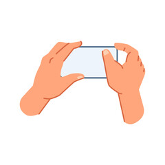 Mobile telephone with empty screen, isolated hands holding and tapping on smartphone with copy space. Gadgets and electronic devices. Vector in flat cartoon style