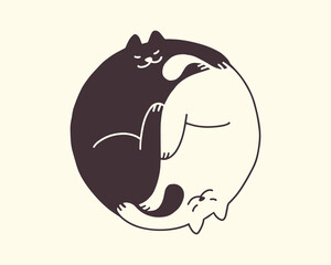 Cute abstract yin yang sign. Two cats sleeping circle form. Black and white kittens make by body yin and yang icon. Harmony, zen, balance concept. Kawaii isolated vector illustration. Chinese culture
