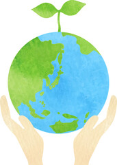 新芽の生えた地球と両手のエコイメージイラスト