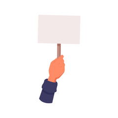 Raising hand of protester with empty placard. Isolated blank banner with copy space. Demonstration and expressing objections. Vector in flat cartoon style