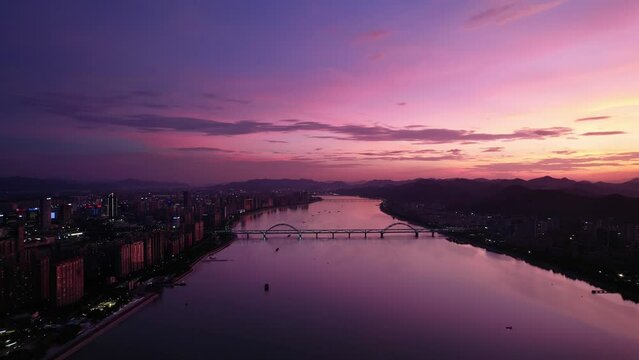 aerial view of landscape of qiantang river in hangzhou at sunset