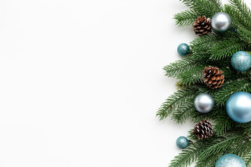 Winter Xmas holiday background with green fir branches and decoration