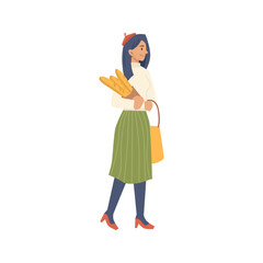 Female character carrying baguettes from market. Isolated female character bought loaves of bread form shop in local store. Vector in flat cartoon style