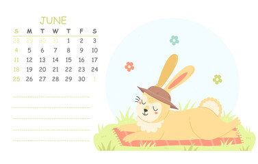 June children's calendar for 2023 with an illustration of a cute rabbit in a hat sunbathing in the sun. 2023 is the year of the rabbit. Vector summer illustration calendar page.