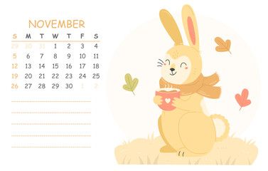 November children's calendar for 2023 with an illustration of a cute rabbit in a scarf with a cup of cocoa. 2023 is the year of the rabbit. Vector autumn illustration calendar page.
