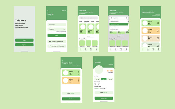 UI UX Set Screen For Mobile App And Responsive Website. Vector Design. Online Grocery Store Mobile App Screen.