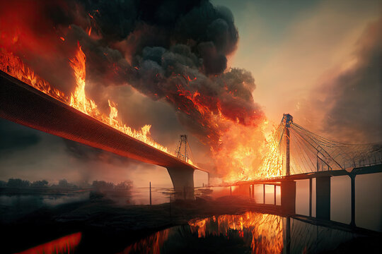 A damaged burning Kerch Strait Bridge in 3D illustration. A sabotage to logistics in an bloody war. A hellish battlefield in a wasteland city of Ukraine.