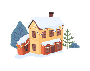 Christmas New Year winter village landscape element flat cartoon design icon. Vector cottage house and snow, fur trees and bushes, chalet decorated by garlands