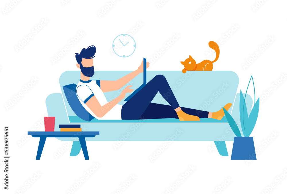 Poster freelancer on couch, man working from home. isolated worker in online meeting, completing projects a