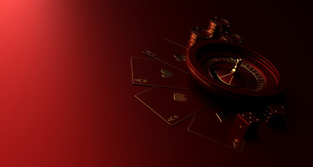 Casino roulette, playing cards, chips and dice. Vegas casino game. Probability of luck in gambling. Online casino. 3d rendering.