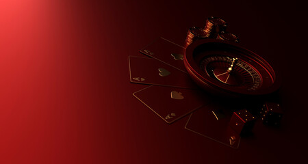 Fototapeta premium Casino roulette, playing cards, chips and dice. Vegas casino game. Probability of luck in gambling. Online casino. 3d rendering.