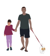 illustration without face colored silhouettes without shadows family walk with dog dad and daughter