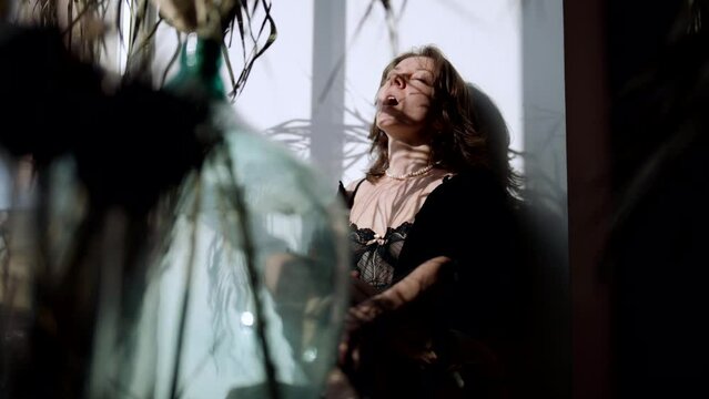 sexual excitement and desire, sexy lady is stroking her body, self-satisfaction and caress