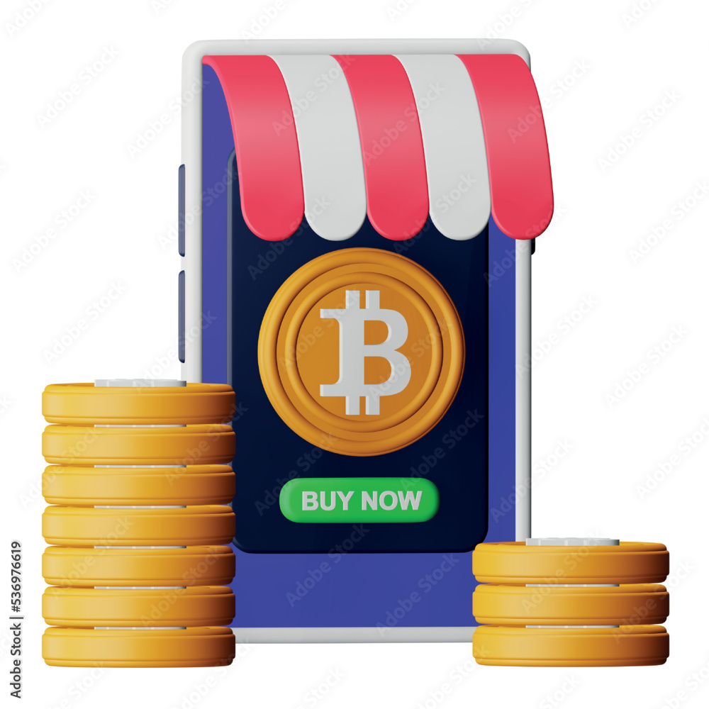 Poster bitcoin shop 3d rendering isometric icon.