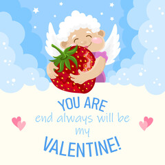 Valentine's Day greeting card with an angel and a strawberry on a sky blue background with clouds and a romantic inscription