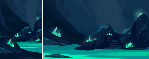 Cave with turquoise crystals. Underground location in different formats.